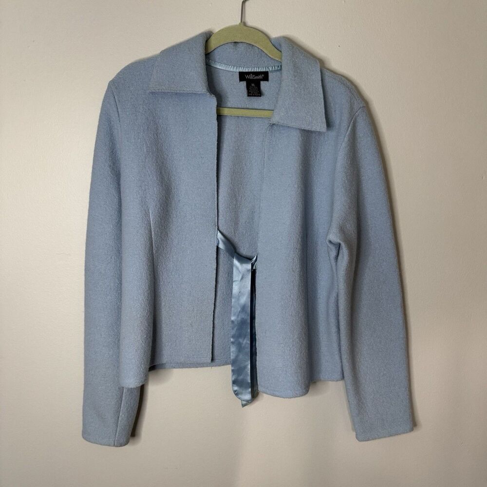 WillSmith Womens Wool Jacket XL Blue 100% Wool Tie Front Blazer Satin Ribbon Y2k